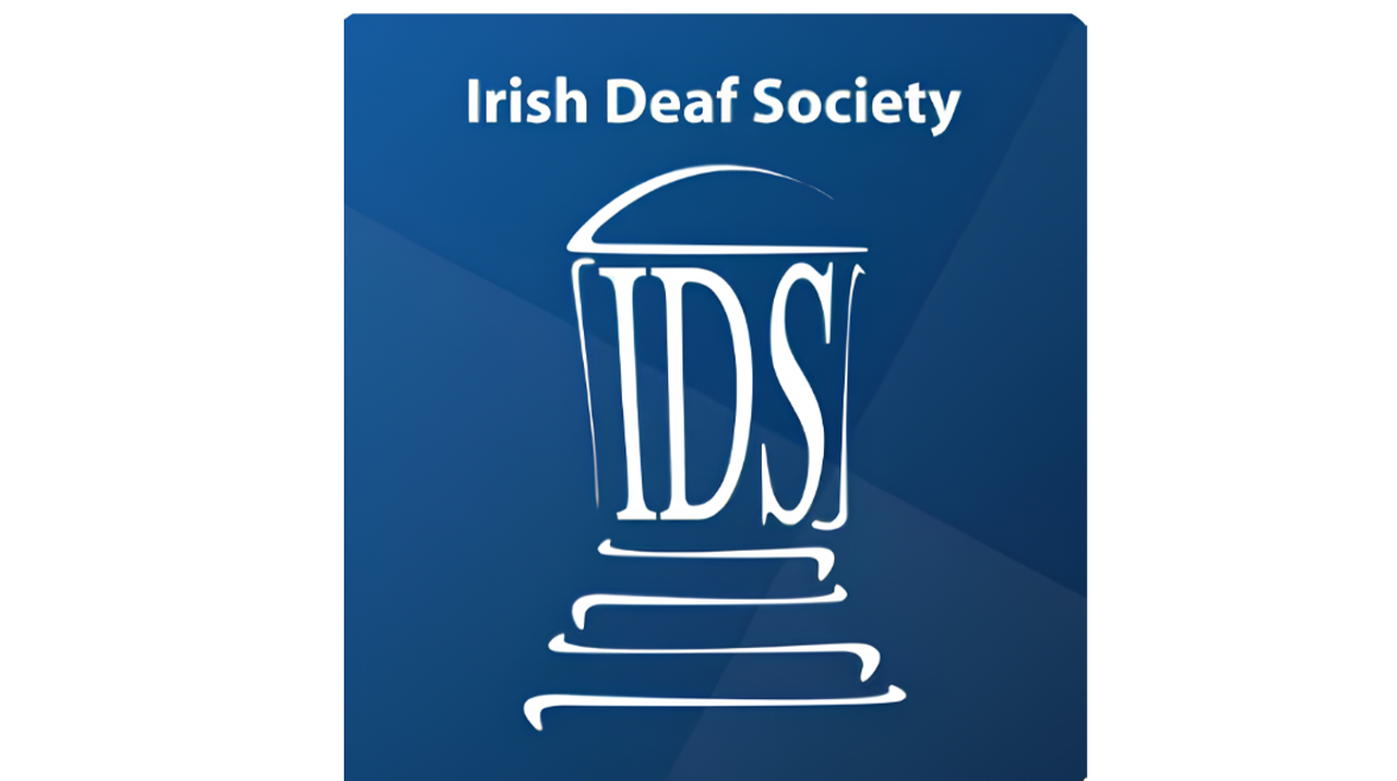 Blue square logo of the Irish Deaf Society with white text and an abstract 